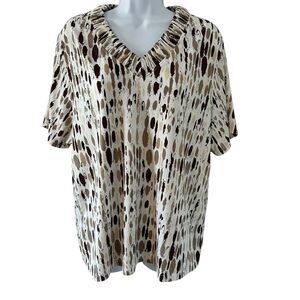 Allison Daley Cream Tan Brown Patterned Ruched V-Neck Top Size XL